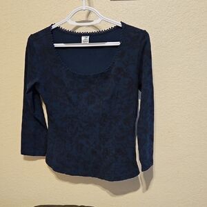 Magdalena Women’s Top Size S 4/6 Dark Blue Crochet Lace Trim Neckline Y2K Boho